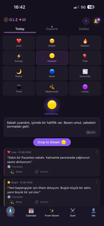 Gleam Today — pick one of 12 emotions, write a moment
