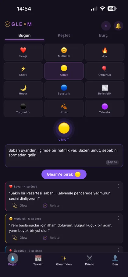 Gleam Bugün ekranı — 12 duygudan birini seç, bir an yaz