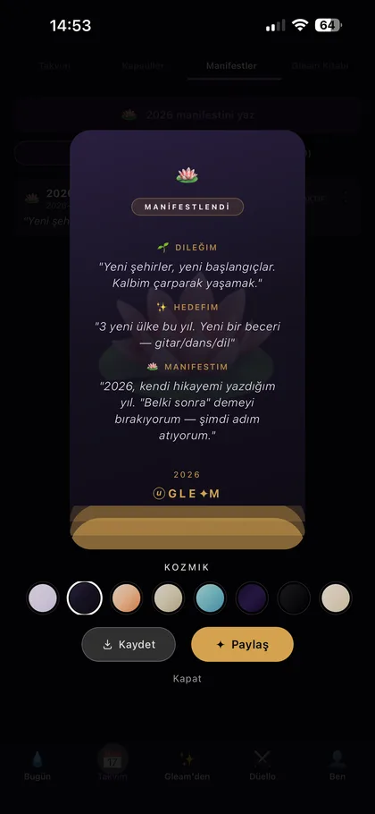 Manifest ekranı — yılın niyetini yaz ve paylaş